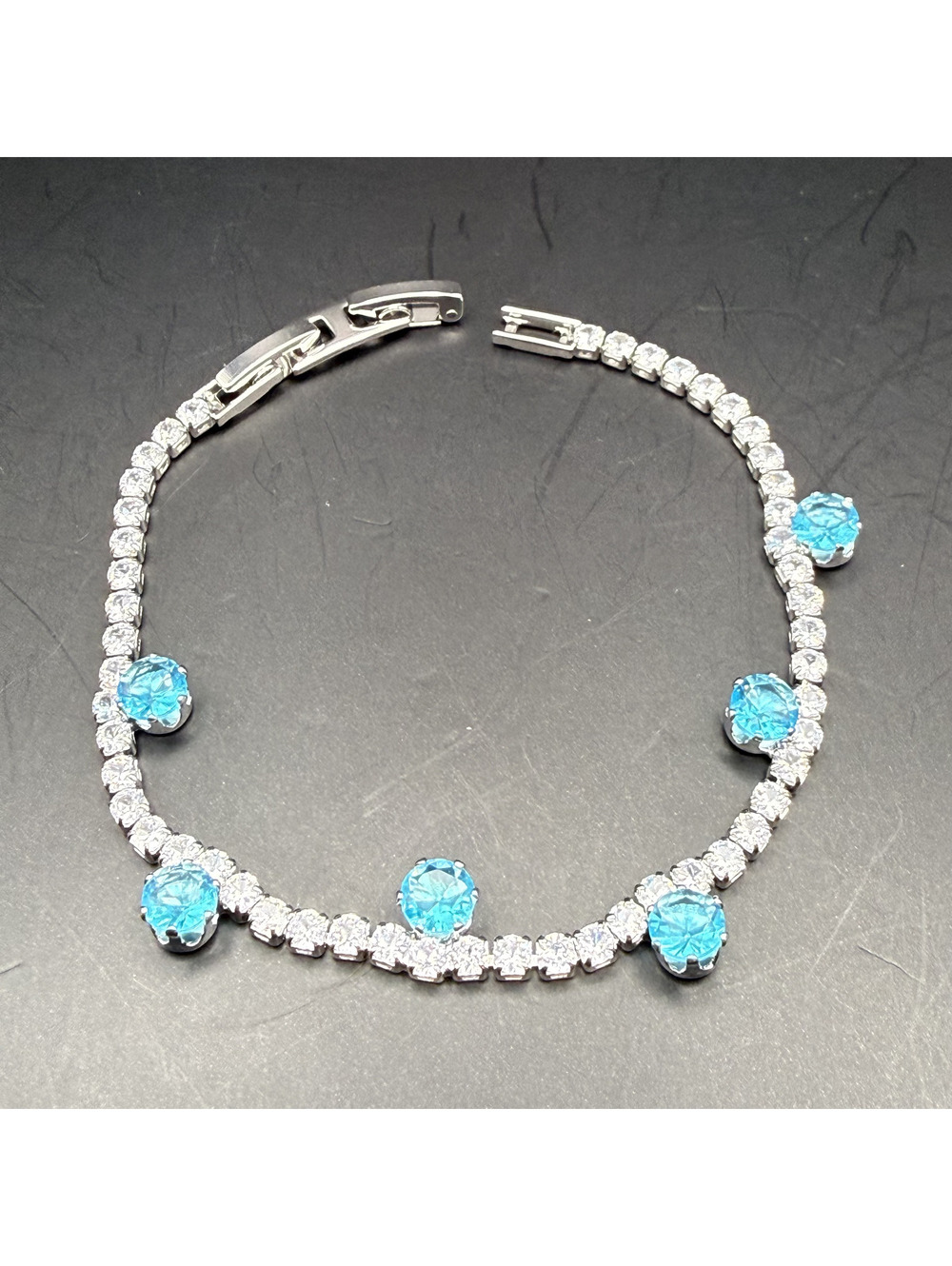 candy+clover crystal silver tone tennis bracelet with floating aqua accents